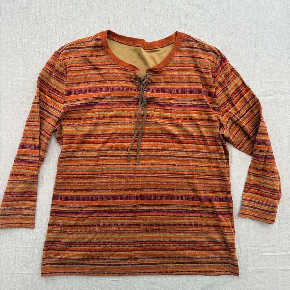 Striped Lace-Up Long Sleeve Top in Warm Autumn Hues